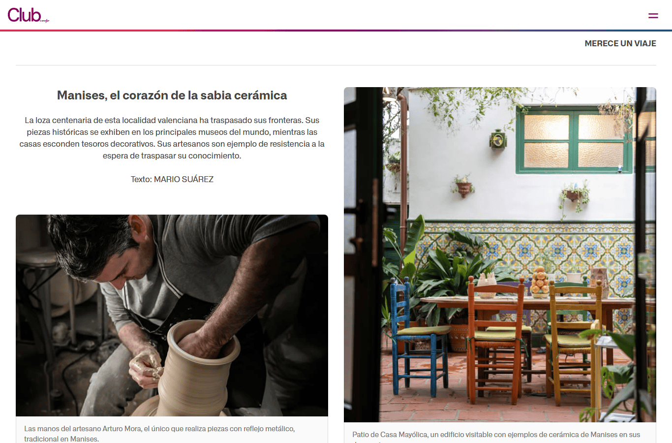 Screenshot of the Renfe Club magazine article headline "Manises, el corazón de la sabia cerámica" in the Merece un viaje section