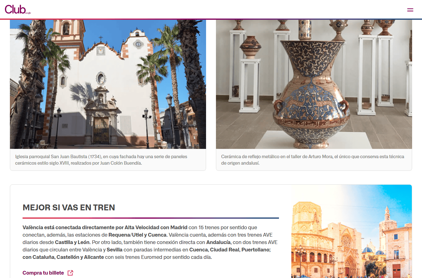 Screenshot of the "Mejor si vas en tren" box in the Renfe article listing high-speed train connections to Valencia